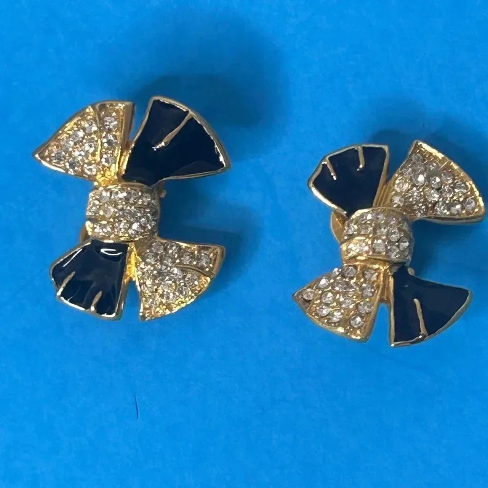 Vintage 80s Black Enamel and Rhinestone Bow Clip Earrings